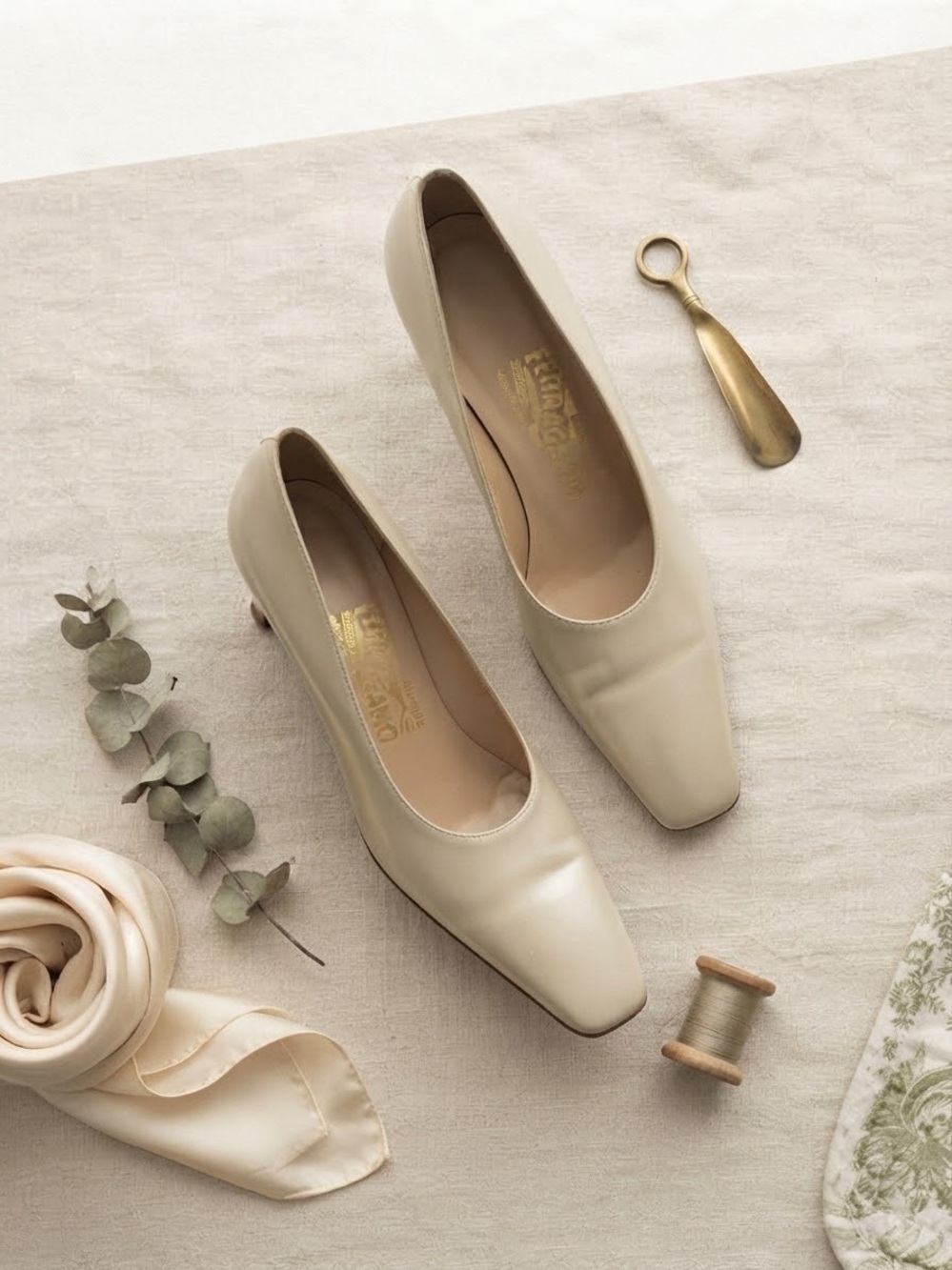 Salvatore Ferragamo Cream Leather Square-Toe Pumps